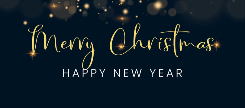 Merry Christmas and Happy New Year website header or banner design decorated with lettering on night sky with gold fireworks. Suitable for web online store, shop promo offer and media social.