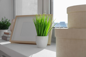 Potted artificial plant and decor on windowsill indoors