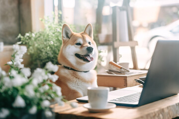 Shiba inu dog sitting in front of laptop at cafe with natural lighting. Created with Generative AI technology - obrazy, fototapety, plakaty