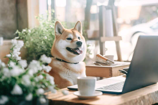 Shiba inu dog sitting in front of laptop at cafe with natural lighting. Created with Generative AI technology