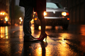 couple kissing on the street at night