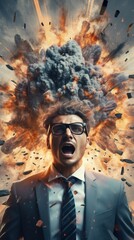 A businessman with a fiery explosion emanating from his head, symbolizing intense stress, mental strain, or mental health issues, depicting a mind-blowing, explosive scenario.