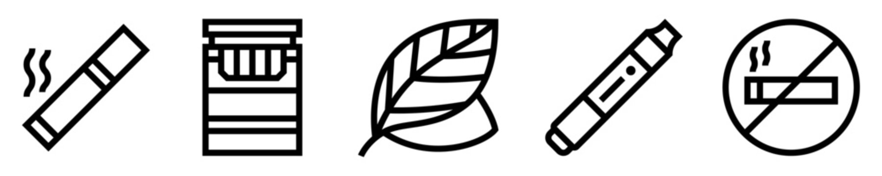 Conjunto de iconos de tabaco. Cigarrillo, caja de cigarros, hoja de tabaco, cigarrillo electr&oacute;nico, prohibido fumar. Ilustraci&oacute;n vectorial