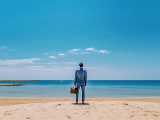 Man in suit with a briefcase standing on the beach facing the ocean. Created with Generative AI technology