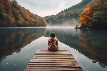 Person wearing hoodie sitting on a dock at the lake beside beautiful orange forest. Created with Generative AI technology
