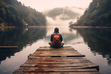 Person with hoodie and orange backpack sitting on a dock gazing at the calm water of serene lake. Created with Generative AI technology - obrazy, fototapety, plakaty