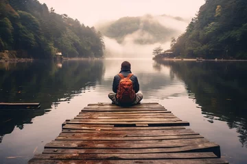 Fotobehang Person with hoodie and orange backpack sitting on a dock gazing at the calm water of serene lake. Created with Generative AI technology © JoyImage