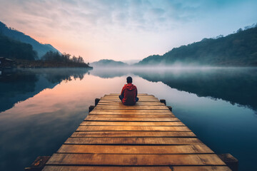 Person sitting on a dock in the middle of a lake surrounded by prosper forest. Created with Generative AI technology