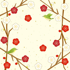 紅梅と白梅の梅の枝フレームと小鳥のイラスト　アスペクト比1：1バージョン