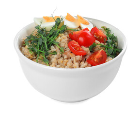 Tasty boiled oatmeal with egg and tomatoes isolated on white