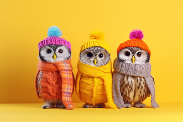 funny owls in a hat and warm clothes on yellow background