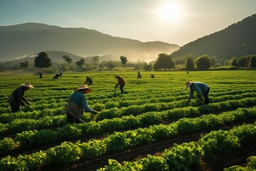 Agriculture and tobacco production industry, Teamwork of Farmers fertilizing or spraying pesticides on growing tobacco fields. Tobacco Plant Growth Care. - obrazy, fototapety, plakaty