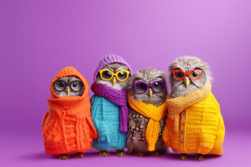 funny owls in warm clothes on blue background