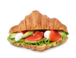 Tasty croissant with salmon, avocado, mozzarella and lettuce isolated on white