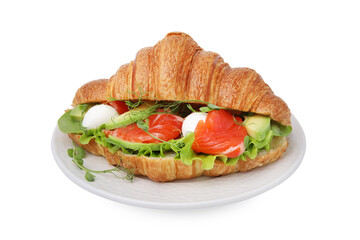 Tasty croissant with salmon, avocado, mozzarella and lettuce isolated on white
