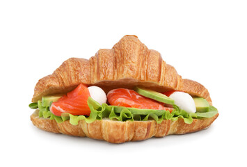 Tasty croissant with salmon, avocado, mozzarella and lettuce isolated on white