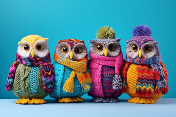 funny owls in warm clothes on blue background