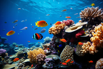 coral reef in the sea. Colorful tropical fish and coral reef in the ocean. Scuba diving and marine life background. 