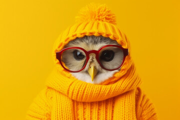 funny owl in warm clothes on yellow background with copy space