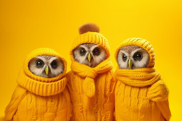 funny owls in a hat and warm clothes on yellow background