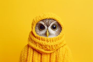 funny colorful owl in warm clothes 