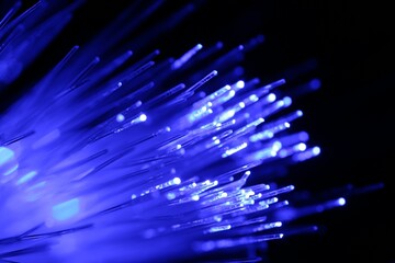 Optical fiber strands transmitting blue light on black background, macro view