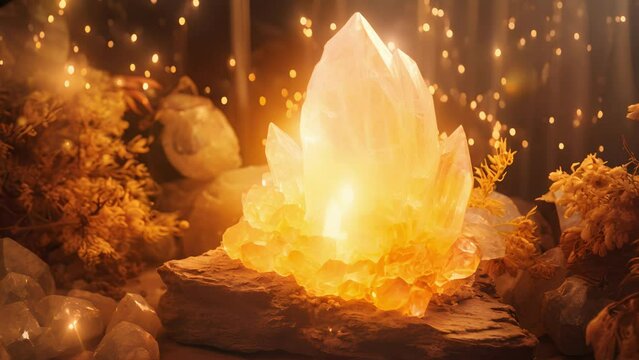 Golden light emanates from the center of a white crystal filling the area with a peaceful aura that invigorates and restores the vitality of any creature near it.