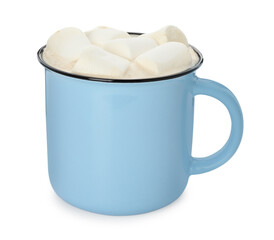 Delicious hot chocolate with marshmallows in mug isolated on white