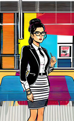 Girl manager in a suit working in the office, pop art style, screen printing,
