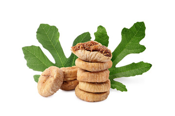 Dried figs and green leaves isolated on white