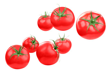 Fresh ripe tomatoes flying on white background