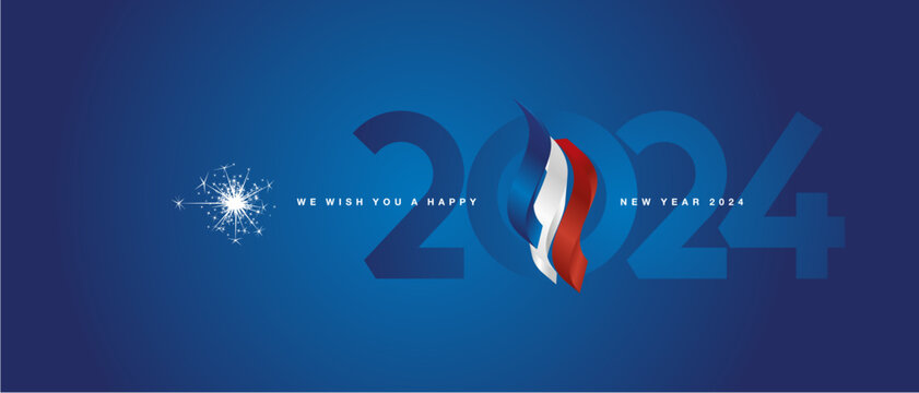 Happy new year 2024 event. France 3d flag ribbon flame over numbers of 2024 vector illustration on blue background