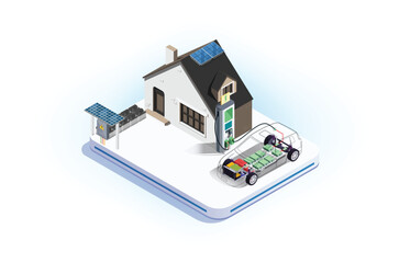 Modern Isometric illustration of charging an electric car battery at home using solar panels, Suitable for Diagrams, Infographics And Other Graphic Related Assets