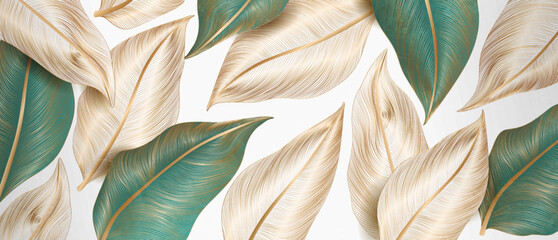 Art background with tropical leaves in golden line style in white or green color.