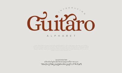 Guitaro premium luxury elegant alphabet letters and numbers. Elegant wedding typography classic serif font decorative vintage retro. Creative vector illustration