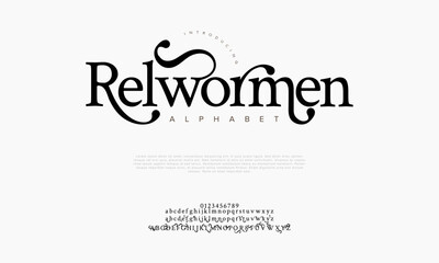 Relwomen premium luxury elegant alphabet letters and numbers. Elegant wedding typography classic serif font decorative vintage retro. Creative vector illustration - obrazy, fototapety, plakaty