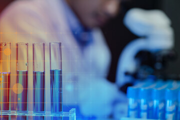 chemist is doing an experiment in the laboratory, A scientist is using a microscope to analyze the chemical composition, A scientific experiment is searching for biological answers in a laboratory,