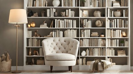 A reading nook with a comfy armchair, a floor lamp for reading, and built-in bookshelves. - obrazy, fototapety, plakaty