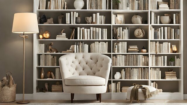 A reading nook with a comfy armchair, a floor lamp for reading, and built-in bookshelves.