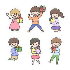 プレゼントを持ってジャンプする笑顔の子どもたち