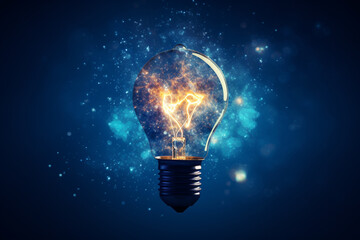 glowing light bulb on blue background - obrazy, fototapety, plakaty