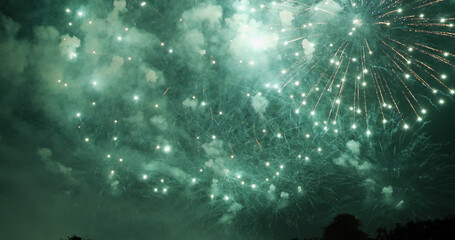 Green firework in night time celebrate national holiday. Green Firework celebrate anniversary happy...
