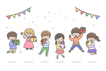 プレゼントを持ってジャンプする笑顔の子どもたち