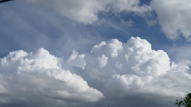 Blue sky fluffy white clouds on summer season bright clear skyline with beautiful cloudscape. Panorama blue sky clouds pattern on daylight with copy space. Cumulus cloudscape air climate sunny day