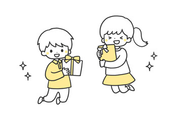 プレゼントを持ってジャンプする笑顔の子どもたち