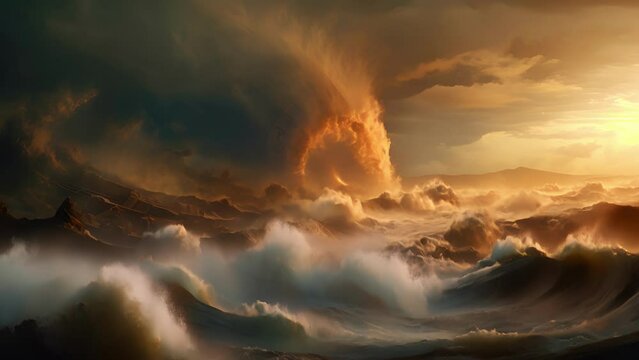 A powerful destructive wave crashing through the landscape roaring its warning of destruction and chaos ahead leaving its aftermath of devastation in its wake.