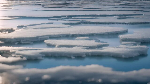 Closeup frozen lake, with thin layers slowly growing stacking each other, creating mesmerizing textured surface.