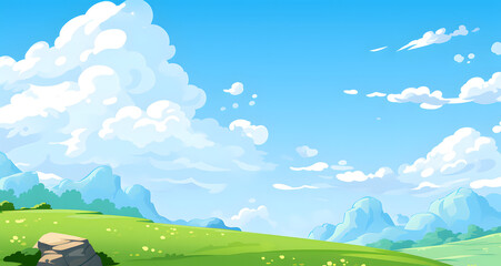 Fototapeta na wymiar a green field with clouds and grass near a rock