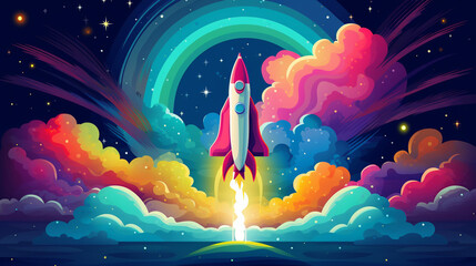 Illustration of Rocket. Colorful background. Generative AI.