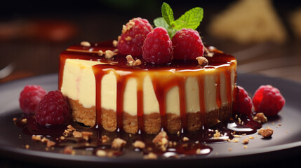 Homemade cheesecake on table with blur background. Generative AI.